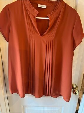 Calvin Klein Women's Burnt Orange Pleated Short Sleeve Blouse